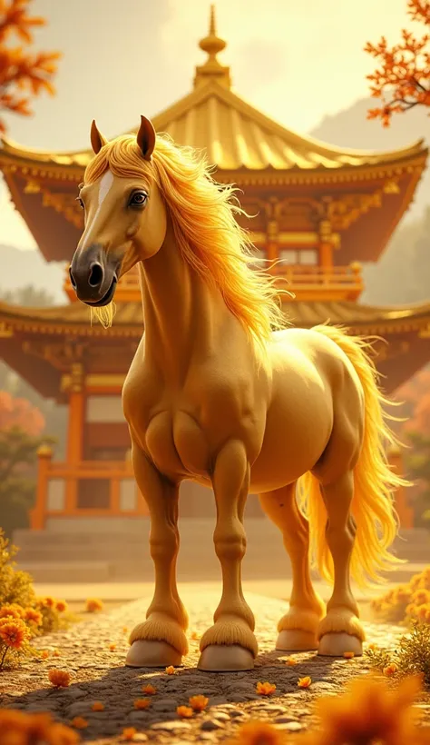 4K Ultra HD、Golden-haired horse、The Golden Temple、Japanese style、Gold background、Increase your luck with money、