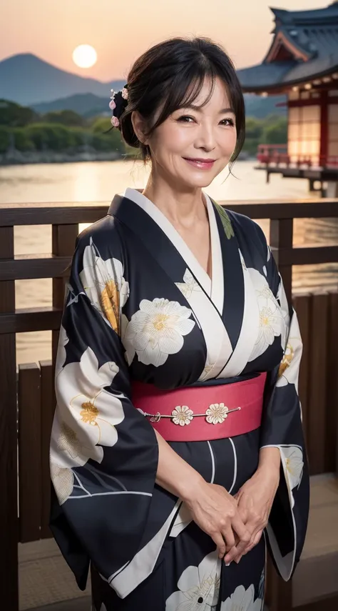 (masterpiece, Best Quality: 1.2),Mature Woman, 60 years old,(Wrinkles around the mouth:1.2),(Open-chested kimono:1.2）,Black Hair,Natural breasts,Closed mouth smile,（8k),(High resolution),(Japanese:1.3),Chubby,Long Hair,Realistic Skin,full moon,full moon,Mi...