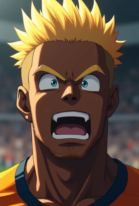 Create a hyper-realistic anime character with the head of a football player who is shouting, as if he has just won the fight of his life. The footballer has spiky, blonde anime-style hair like a Super Saiyan, but with the facial features of a Black man wit...