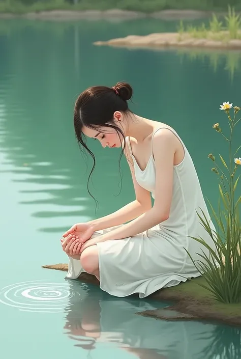 Simple white dress girl sit near water and bend her face towords water and drinking by hands