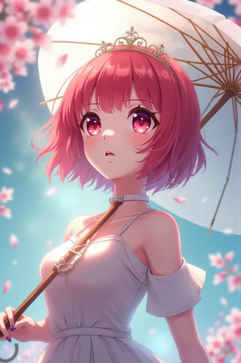 Anime fake scene which is the gurl is looking up, short red hair, red eyes. wearling a tiara, umbrella on her hand