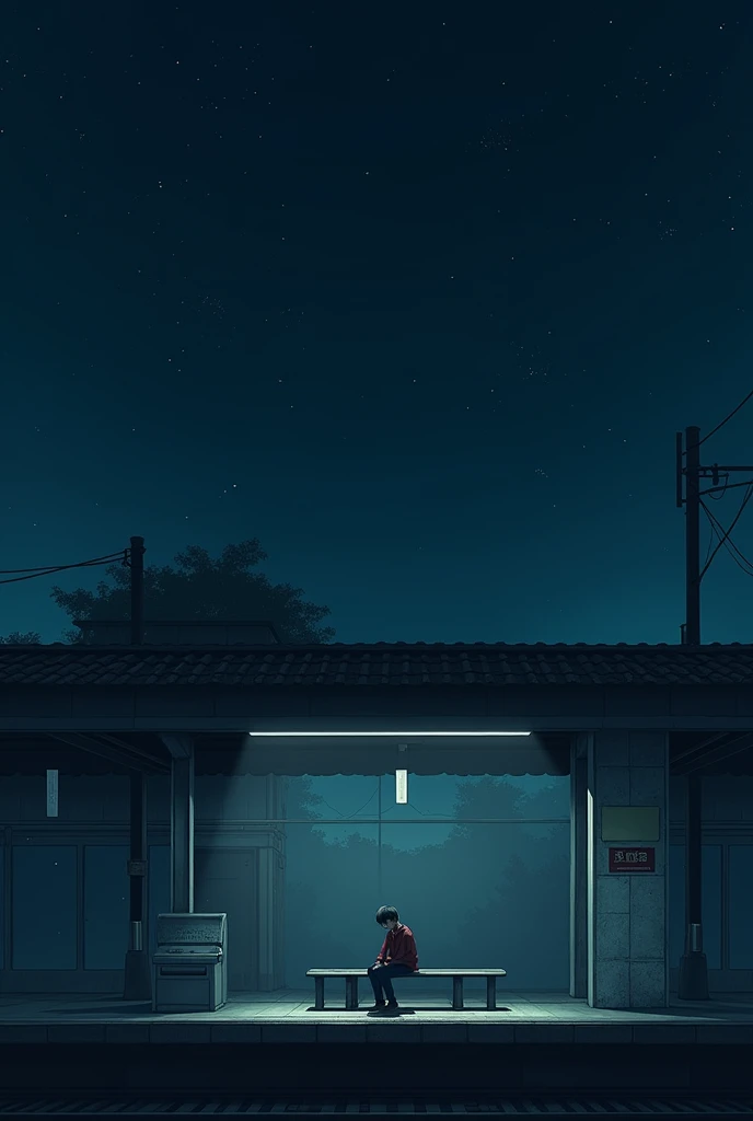 image of a alone boy sitting at a railway station in japan at night time, the image should feel a lonely vibe