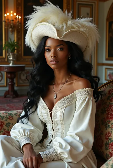 (High quality), a tanned black haired French creole noblewoman, dressed in silvery white hunting suit of 17 century fashion, feathered hat with white heron feathers, sitting on the sofa in the baroque living room furinshed in the regency style, Greg Rucka ...