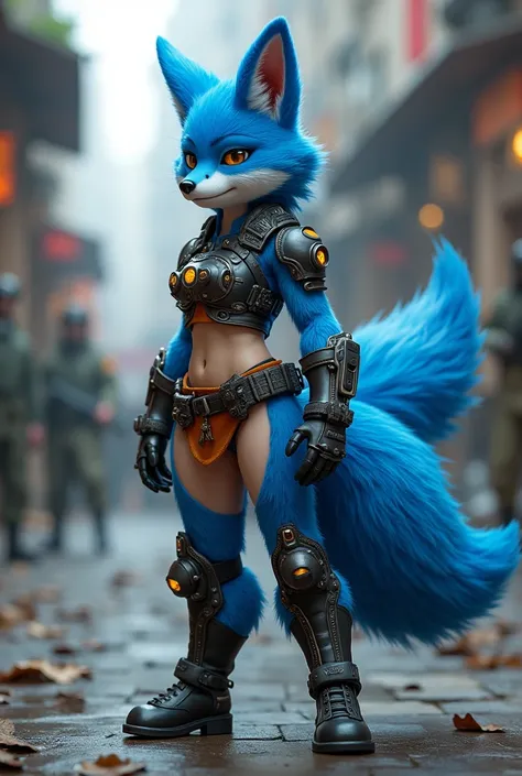 Blue furry fox girl commander wesring crop top tactical chestplate and loincloth with armored thigh highs