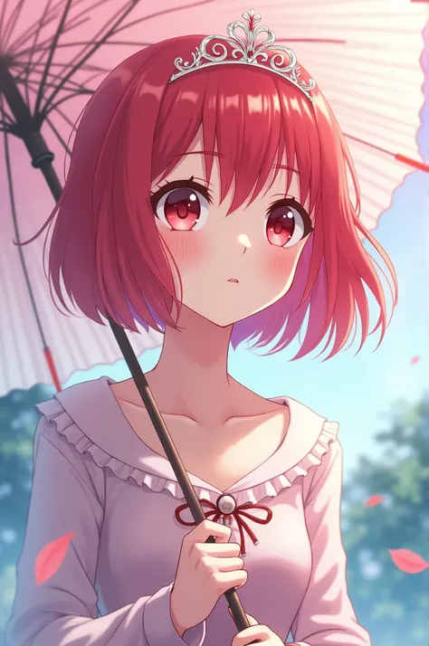 Anime fake scene which is the gurl is looking up, short red hair, red eyes. wearling a tiara, umbrella on her hand