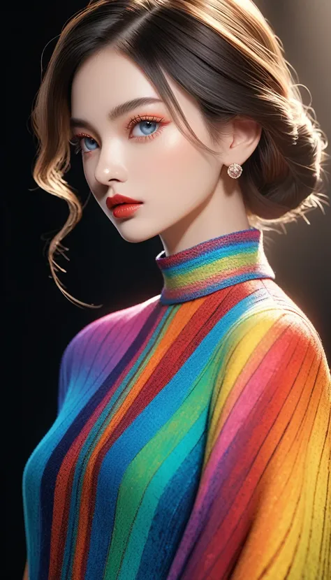 A photorealistic fashion model walking a catwalk, colorful gradient fashion, seamless blending, marbled and striped patterns, full spectrum multicolor, utilizing the full capabilities of Super Retina, dramatic 4D rendering to stimulate all the senses, beau...