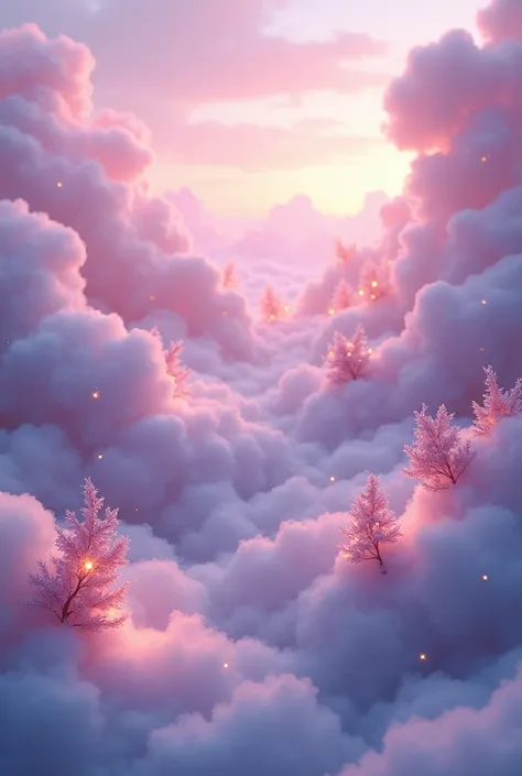 "A dreamy forest floating above the clouds, delicately glowing plants and softly drifting mist. Ethereal translucent leaves sway faintly on the small trees, and the whole place is enveloped in a soft, surreal light. The forest floor is made of fluffy cloud...