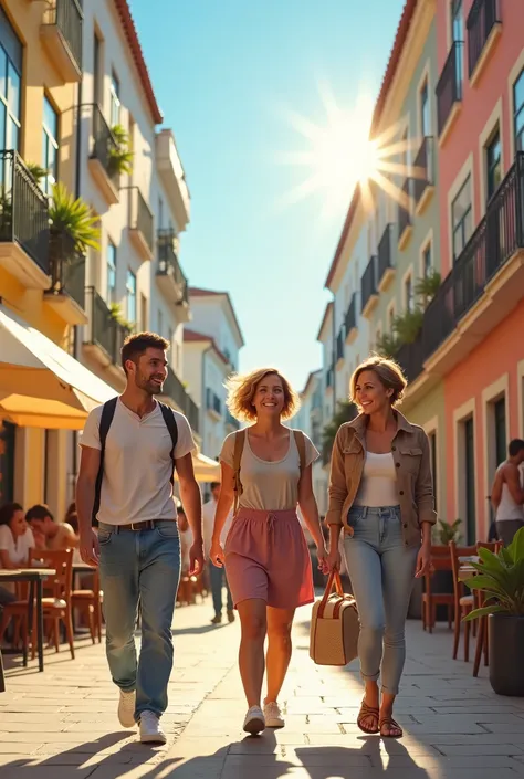 Trois amis un homme cheveux tres court la trentaine, une femme  blonde 40 ans quelques kilo en trop, et une femme 25 ans cheveux châtain clair court, partent pour un week-end a Lisbonne soleil et bonnes humeur 