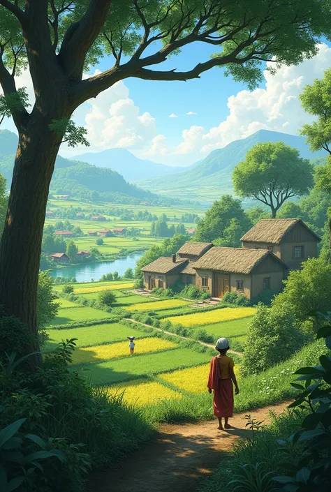 Village and Fields Background

Prompt: "A lush, green rural village with vast fields in the background. There are tall trees, small mud houses with thatched roofs, and a calm river running through the landscape. Some villagers are working in the fields, gi...