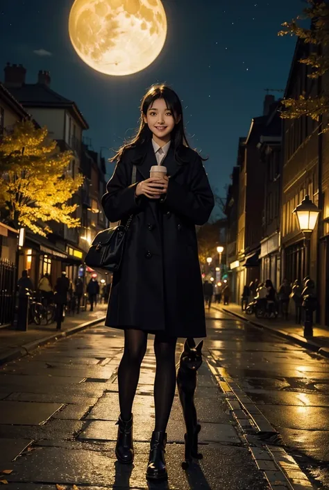 Autumn Night、
Street trees with autumn leaves、
The golden moon rising high in the sky、
Countless twinkling stars、Mysterious、
A big clock tower across the cobblestone street、
Tree Branch、Ishigaki、bench、Falling leaves flutter、
A girl walking towards the cloc...