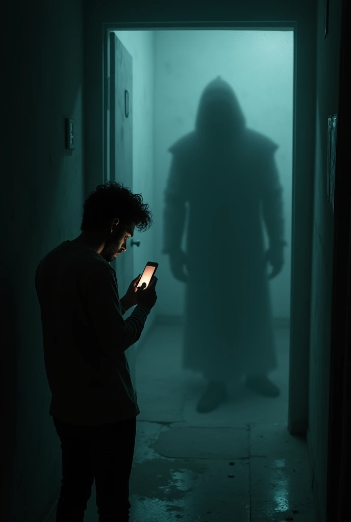 Inside the building, there is a faint, ominous shadow moving towards Vishal. The shadow is vague and ghostly, with a menacing aura. Vishal’s expression is one of terror, and he is trying to use his phone, but there’s no signal. His phones screen is faintly...