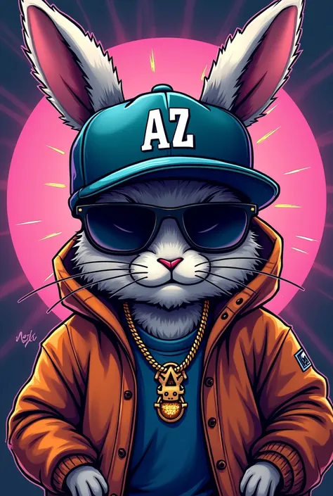 Make me the logo for my clothing brand, I have in mind a half-length bunny pet dressed in street colors with outstanding and vibrant colors, that has dark lenses, put a hat that says "AZ" in chrome litmus and a Cuban diamond chain that has a bunnys foot in...