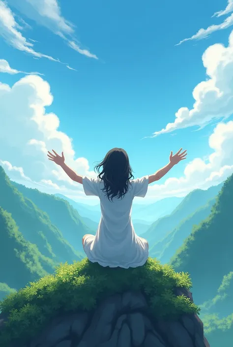 Simple white dress girl sit at the top of mountain and seeing the forest nature by standing at top and her hands are wide in air from the backside view