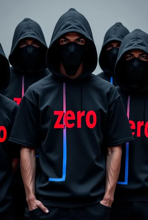 Men with black hoody wearing black mask having blue line  wearing black tshirt. Witten (zero) with red colour in anime 