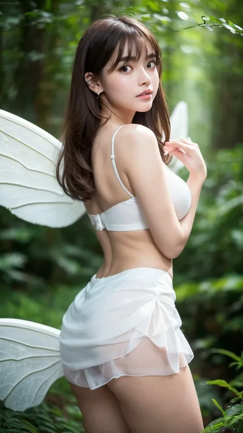 masterpiece, Best Quality,Very detailed,High resolution,(Realistic,photoRealistic:1.37),Excellent anatomy,One beautiful woman,1,Sexy fairy like Tinkerbell,(White thin fabric,On the back like wings:1.5),(Focus on the thighs:1.3),A small smile,(White thin fa...