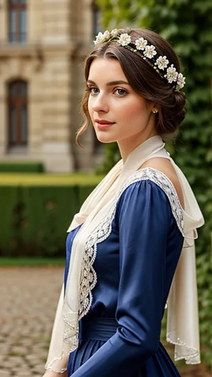 Empire Style Clothing、A beautiful French woman、The background is 19th century Germany.、A small flower on the head、Elegant and swaying in the wind、Silk shawl