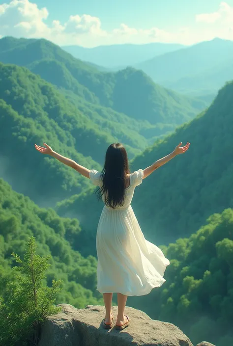 Simple white dress girl stand at the top of mountain and seeing the forest nature by standing at top and her hands are wide in air from the frontside view view