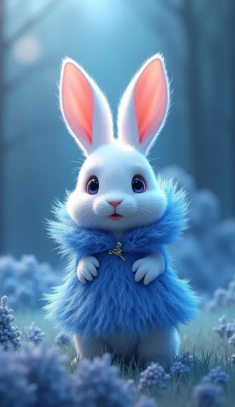 A extremely masterpiece 8k 3d animation image of a very cute and beautiful white baby  rabbit wear a indigo winter colour scattering and twinkling Grass costume with 8k quality, full enhance, beautiful light, full randering or a very beautiful indigo backg...