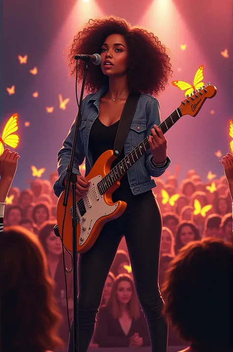 Une fille métisse cheveux bouclés curly brillant en tenue noire petit décolleté et veste en jeans joue de la guitare sur scène et chante. Il y a des gens dans la fosse tout autour. Ils ont des papillons lumineux orange dans leur main. Une  au 1er rang a un...