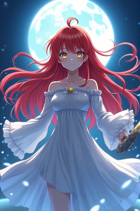 an anime style girl, long red hair with bangs,  and blonde highlights , golden eyes,  and is in a shounen anime universe, she transforms into her supreme form , the moon goddess , with blades that resemble waning moons , In this transformation your hair tu...