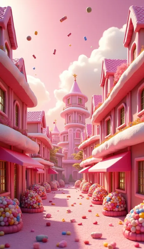 A town made of candy, with many buildings made of candy 、candy falling like rain, sunny weather,masterpiece, High resolution, 最high quality, High detail, Very detailed, high quality, High-resolution model, The light shines、There are a lot of candies on the...