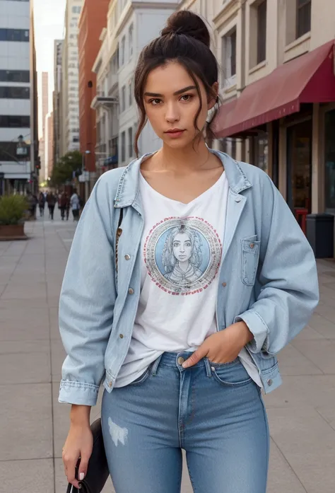 Casual: Image of a woman in a relaxed casual style: light blue jeans with a moderate fit, a loose white T-shirt with an interesting print, such as an artistic image or a funny inscription. A light denim jacket adds a bit of style. She holds a shoulder bag ...