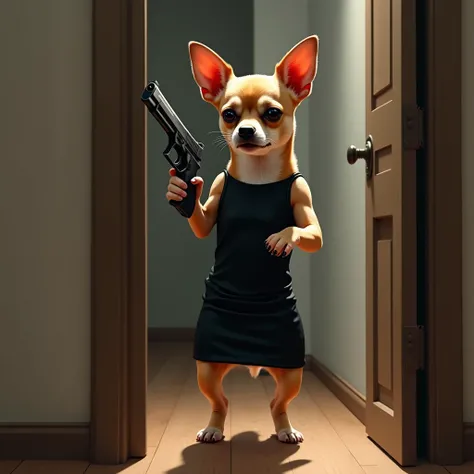 A realistic image of a brown Chihuahua dog standing on its two hind legs, wearing a fitted black dress. The dog is holding a gun in one paw and is entering a room through an open door. The scene should be realistic, with the dog looking alert and confident...