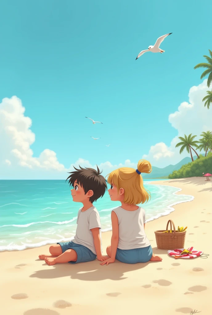 A photo of a boy and a girl sitting on the beach