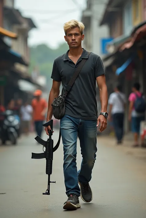 A Indonesian blonde white short hair,Man Is Walking Down The indonesian Street With Merrel Shoes On His Feet, A Casio Watch And A Kalashnikov In His Hand