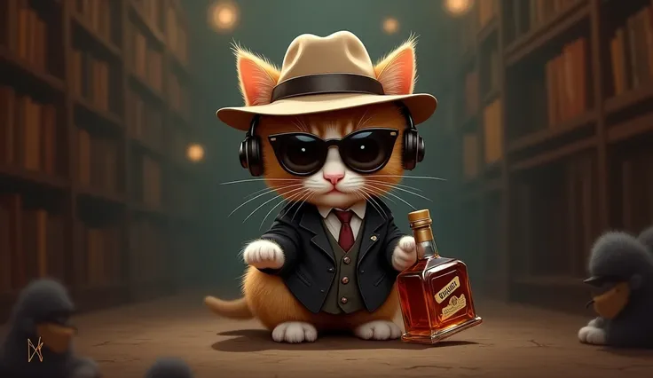 1920x1080 16:9 Perfect Centering, whole body、Cute kitten,Spy style like 007, Borsalino with sunglasses, He is wearing headphones and carrying a whiskey bottle, chasing someone before running away.　Lofi Rhythm on the front of the whiskey bottle & It says Pa...