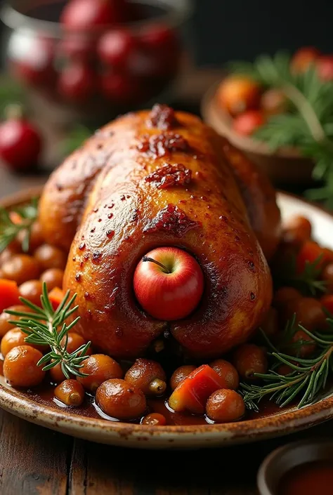 a roast suckling pig for Christmas dinner with an apple in its butt
