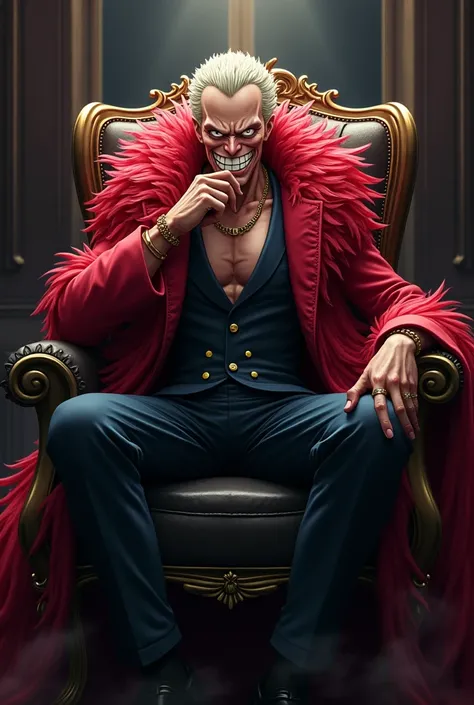 Doflamingo from one piece with wide open leg sitting on a chair with chin resting on the hand with a devil grin on his face
