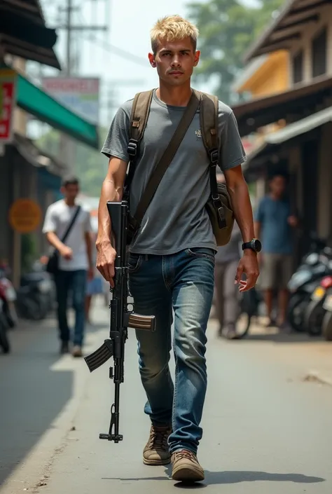 A Indonesian blonde white short hair,Man Is Walking Down The indonesian Street With Merrel Shoes On His Feet, A Casio Watch And A Kalashnikov In His Hand