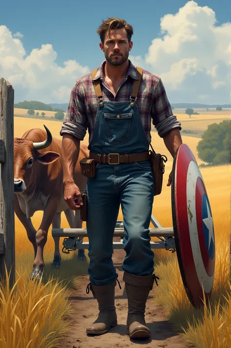 "A realistic, high-resolution image of Captain America, dressed as a traditional farmer in rural attire. He is standing in a large open field, tilling the soil with a plow pulled by oxen. The countryside around him is lush and fertile, with golden wheat fi...