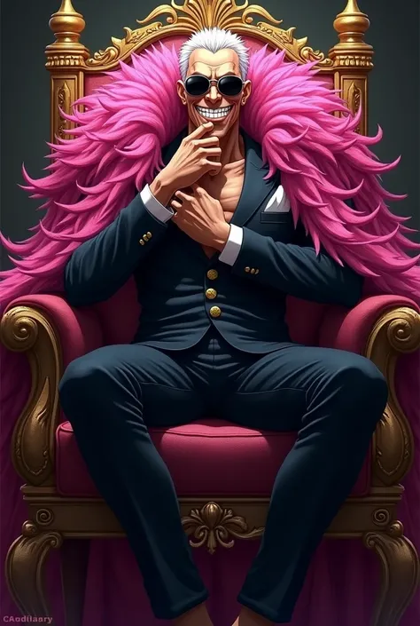 Doflamingo from one piece with wide open leg sitting on a chair with chin resting on the hand with a devil grin on his face
With his signature glasses
