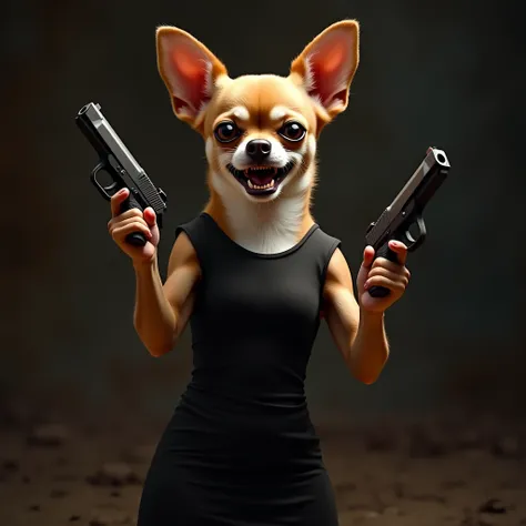 A close-up, realistic image of a brown Chihuahua dog standing on its hind legs, wearing a fitted black dress. The dog has an angry facial expression, as if it is talking in anger. One paw is holding a gun, and the dog’s face is focused and intense, with it...