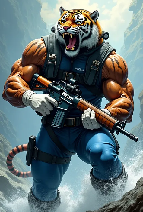 (A rugged beefy very muscular bulky roaring tiger man), (wearing blue wetsuit), carrying a rifle. He has bulky scuba gear, muscular physique, toned muscles, fierce, heroic, action, comic artstyle, bulky best quality, wearing white fingerless gloves. wearin...