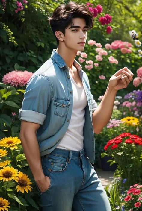 UHD, A tall, lean, ruggedly handsome man with muscular build and a chiseled jaw stands in a lush butterfly garden, surrounded by blooming flowers of every color. His shirt unbuttoned, revealing his toned torso, and his jeans are slightly rolled up, giving ...