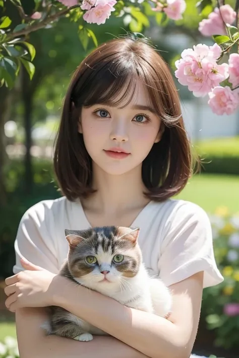 A young girl and a Scottish Fold cat, (Best quality, realistically:1.37), Bright colors, Portrait, Garden scene, Soft light, Beautiful and delicate eyes, Beautifully detailed lips, Youthful appearance, gentle smile, ชุดBright colors, Holding a cat in your ...