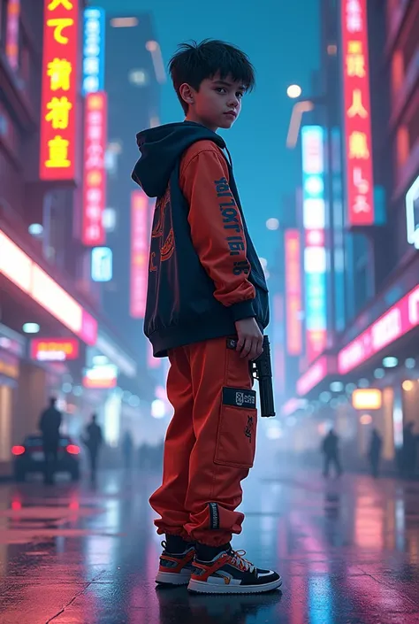 A boy wearing a hip hop set standing in a neon city fully futuristic look in a pose backwards with a gun in his hand and he is looking back smiling
