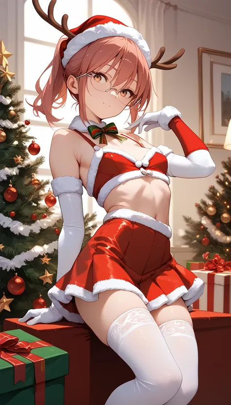 kobayashi , small breasts, sexy christmas top, short skirt, white stockings, elbow passing gloves, revealing