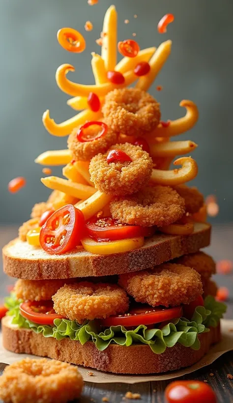  Fried bone, fries, fried peppers and tomatoes fall off the top inside an open sandwich. 