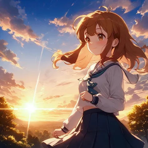 Sally Acorn, 1girl, solo, tree, sky, outdoors, skirt, cloud, brown, hair, sunset, lens, flare, scenery, school, uniform, sun, wind, long, sleeves, animal nose