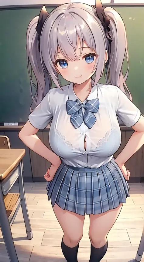 Highest quality,masterpiece,One Person,Blonde,Twin tails,Schoolgirl uniform,Short sleeve,mini skirt,Large Breasts,Standing Upright,Hands-on Hips,smile,classroom,see through ,summer ,Micro mini scart,see through bra,Perfect Fingers,