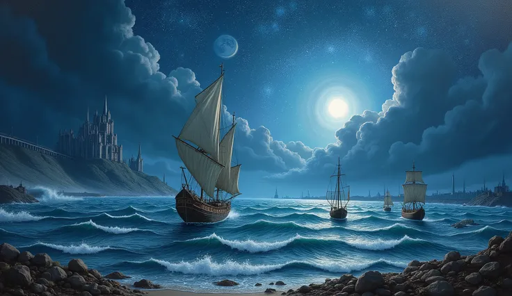 Real picture（（oil paint ））Landscape painting,acrycle painting，Brush Strokes，With unparalleled realism,ultrawide,ominous skies, a Sail ship, Wooden boats,Lotus,Huge  waves,Starry night,Harry Potter,voluminetric lighting,Clearing,Realistic,james gurney,art s...