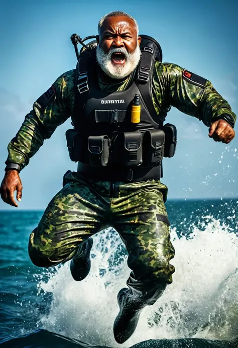 (a dark-skinned very muscular chubby bearded old man in a bulky army camouflage zipper diver suit) jumping from the sea, shooting with rifle, dynamic action pose, fierce expression, carrying a gun, muscular, imposing stature, Basuki Abdullah style, sumatra...