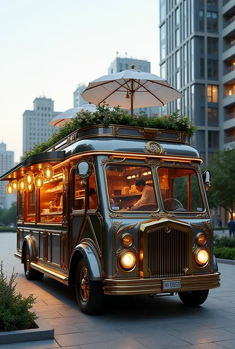 Make a royal luxurious restaurant  food truck with kitchen and on the top of kitchen roof top dining arrangements . With morder days 