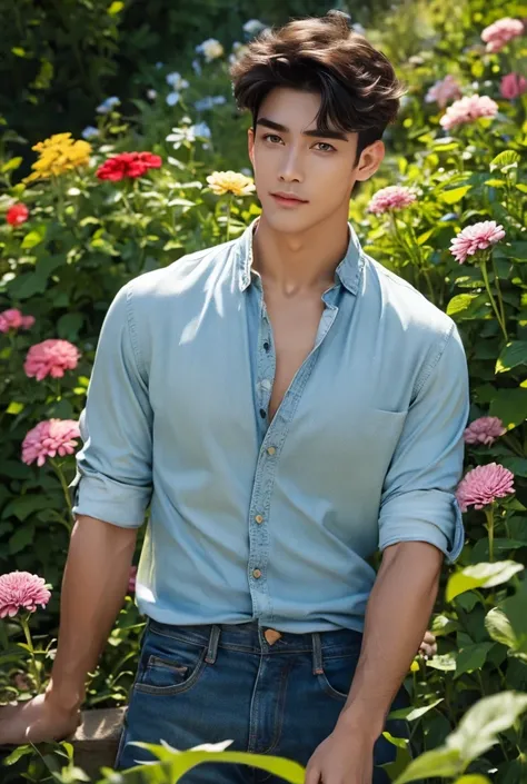 UHD, A tall, lean, ruggedly handsome man with muscular build and a chiseled jaw stands in a lush butterfly garden, surrounded by blooming flowers of every color. His shirt unbuttoned, revealing his toned torso, and his jeans are slightly rolled up, giving ...