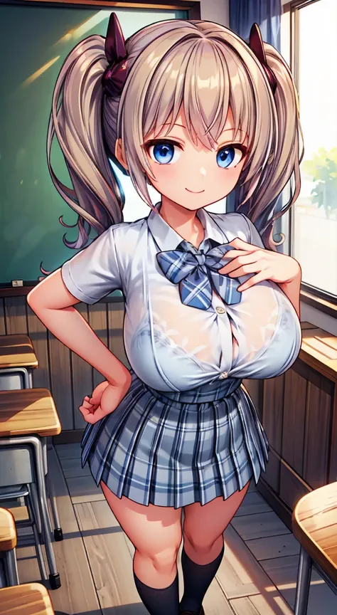 Highest quality,masterpiece,One Person,Blonde,Twin tails,Schoolgirl uniform,Short sleeve,mini skirt,Large Breasts,Standing Upright,Hands-on Hips,smile,classroom,see through ,summer ,Micro mini scart,see through bra,Perfect Fingers,