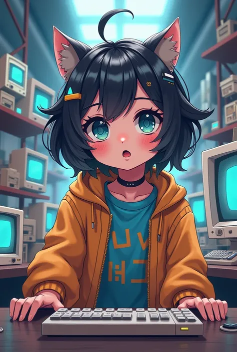 An original character associated with old computers from the 2000s in anime style